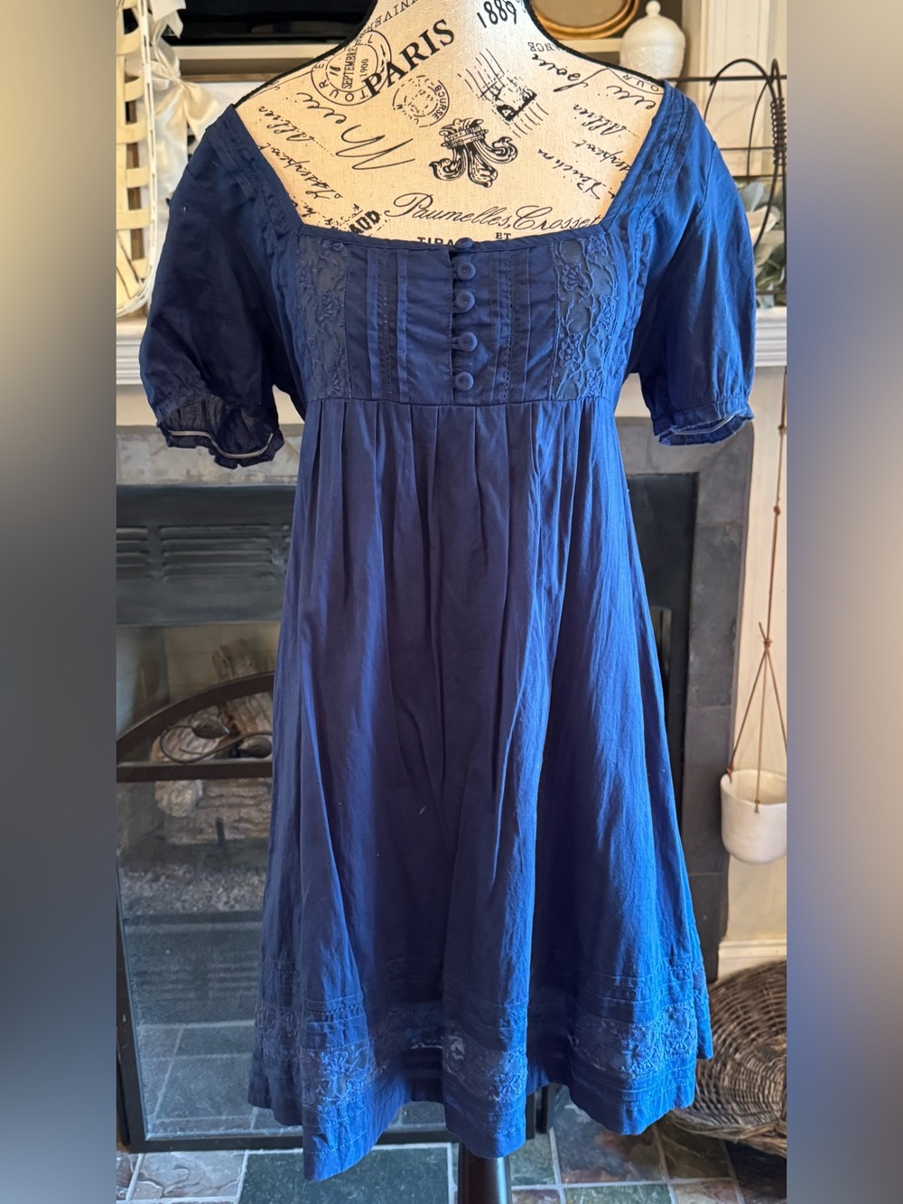 Delia’s Vintage 90s Y2K Navy Baby Doll Dress Square Neck Tie Back Floral Lace 11